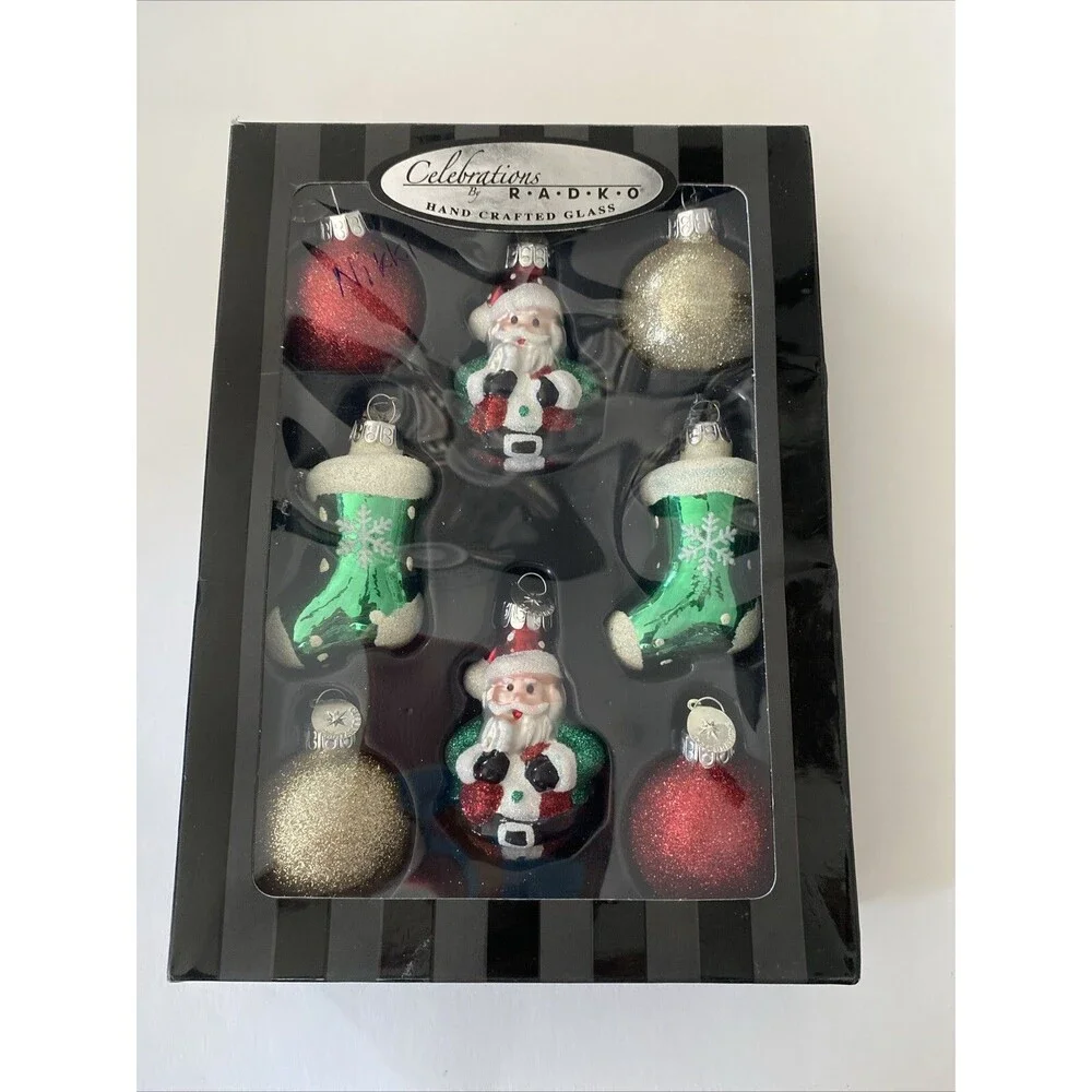 8 Celebrations by RADKO Glass Christmas Tree Ornaments Santa Claus Stocking Ball